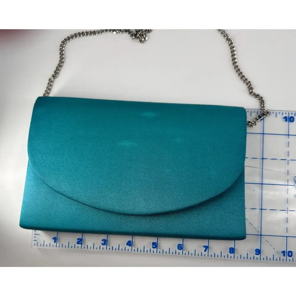 Vintage Dyeables Teal Satin Clutch Purse with Silver Chain Strap 10x5
